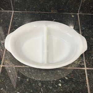 Vgt Fire King or Pyrex milk glass cookware. Oval divided serving dish.